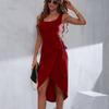 Summer Women's Skirt Irregular Solid Color Strap Vest Split Square Neck Splicing Dress