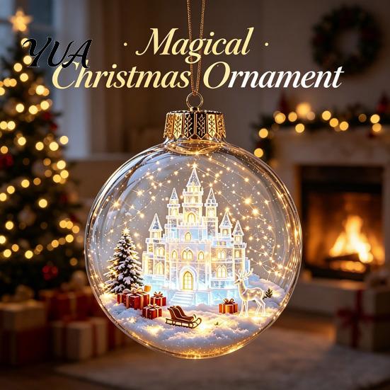 Christmas Gift Exchange Souvenirs Glowing Story Ornament, Mini Holiday Scene Light Up Ball Tree Hanging Ornaments Decoration, Acrylic Clear