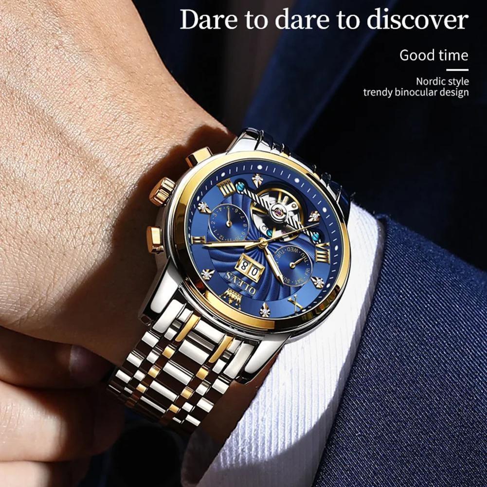 OLEVS Luxury Gold Tourbillon Mechanical Watch for Men Stainless Steel Waterproof Luminous Date Business Mens Watches