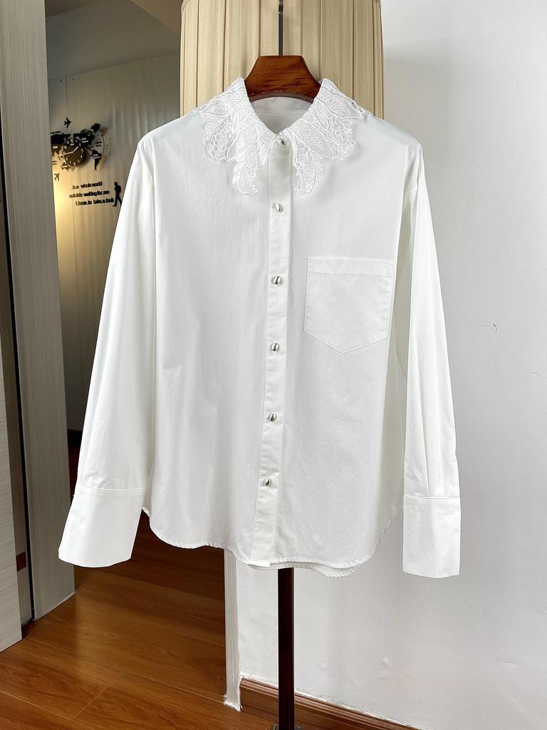 Women's Mid-Length White Cotton Shirt with Heavy Embroidered Petal Lace Collar, Long Sleeves, Loose Fit Covering Belly and Hips