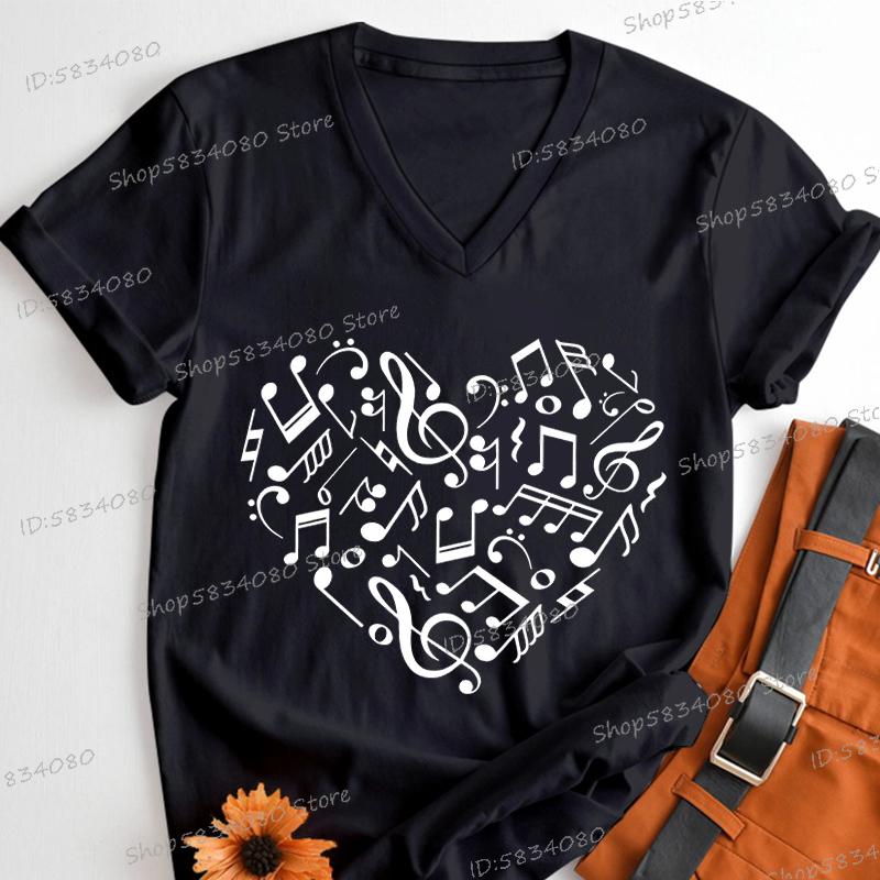 Womens T Shirt Music Notes Heart Print Short Sleeve Daily V Neck Tshirt Music Teacher Gift Tees Music Lover Fashion Streetwear