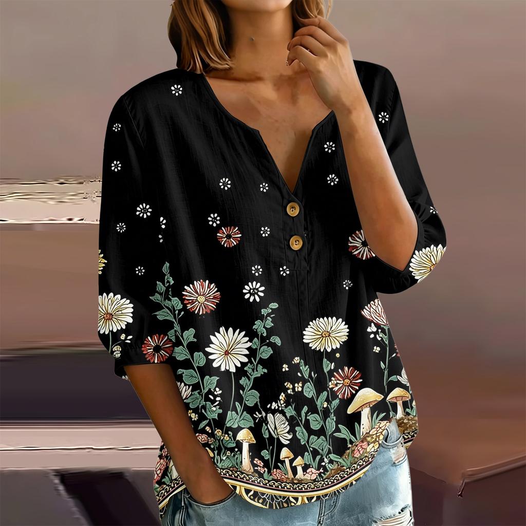 Women's Floral Print Henley Neck Button Front Shirt Three Quarter Sleeve Cotton Linen Blouse Casual Loose Fit