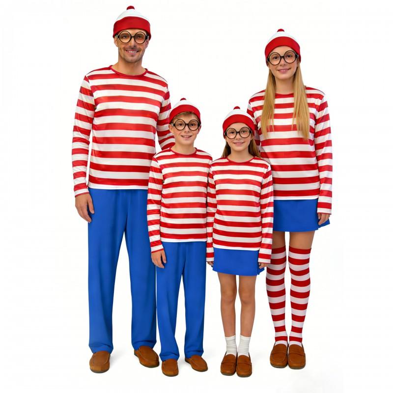 Wheres Wally Costume Set Adults Kids Halloween Cosplay Outfit With Hat Glasses Sweater Socks