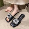 Delicate square buckle rhinestone flat bottom cool slippers beautiful one-word drag 2025 new summer wear premium slippers women