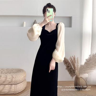 Black Golden Velvet Dress Women's Spring and Autumn French Square Collar Bubble Sleeves Waist and Thin Retro Temperament Hepburn Long Dress