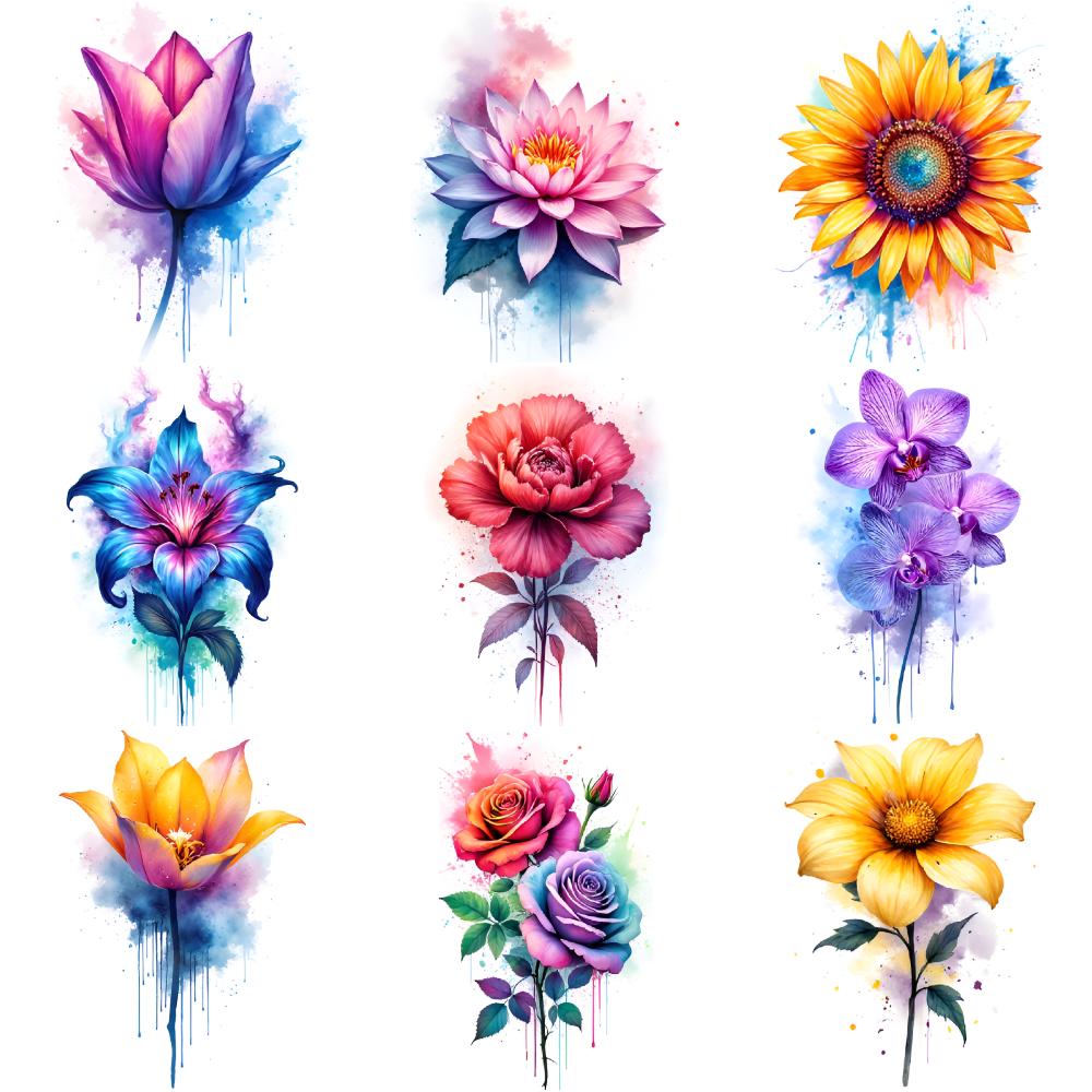 9pcs Temporary Tattoo Waterproof Long-lasting Body Stickers Daisy Sunflower Orchid For Cheeks Shoulders Children