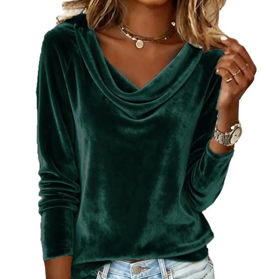 Women Tops Swing Collar Long Sleeve Velvety Fabric Solid Color Pullover Tops Golden Velvet Casual Blouse Office Date Wear