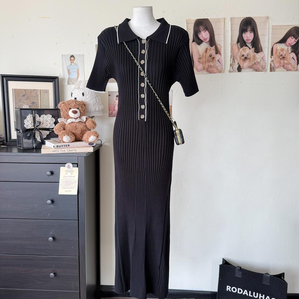 Short-sleeved Lapel Knitted Skirt Women's 2025 Summer and Autumn New Pit Strip Single-breasted Tight Mid-length Dress