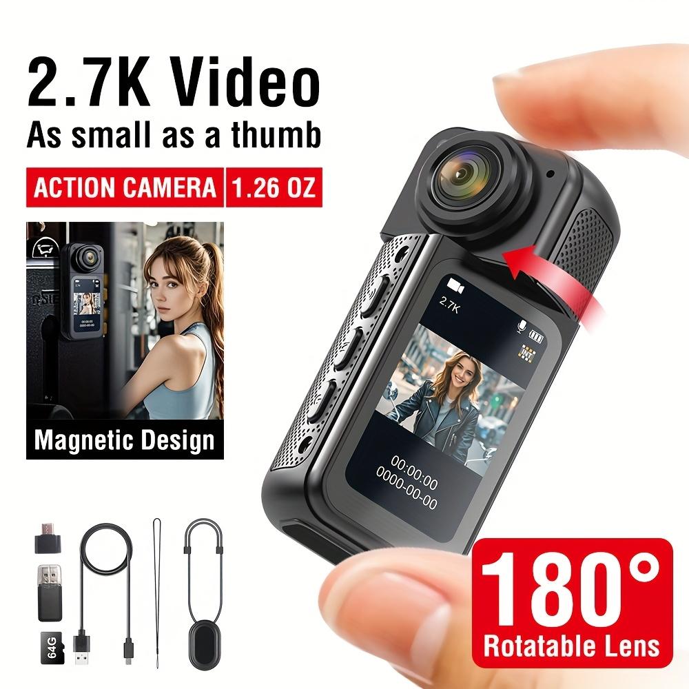 2,7K Ultra High Definition Finger-Actionkamera mit Magnetband, 180° drehbarem Objektiv und 64GB Karte – tragbare POV-Kamera für unterwegs