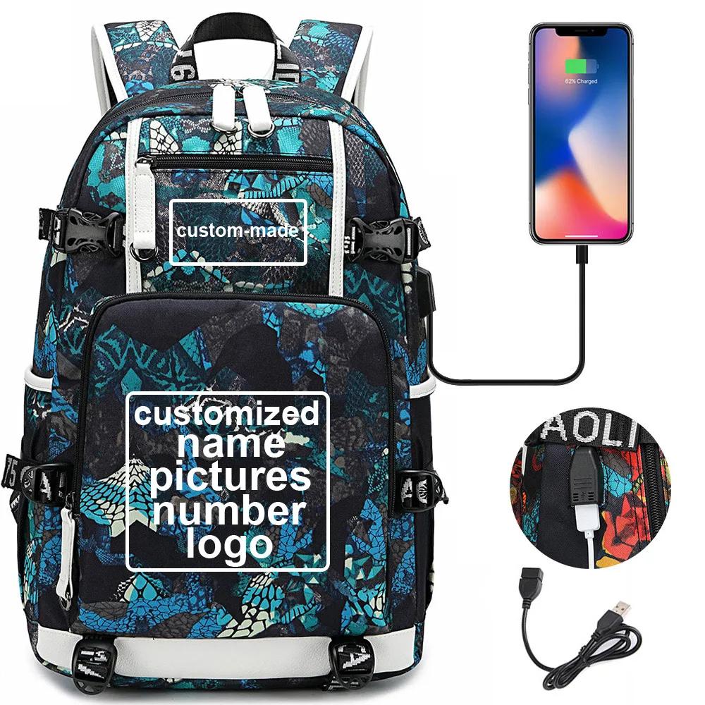 Customized Print DIY Your Like Photo or Logo Boy Girls Kids Book Bag Women USB Laptop Backpack Canvas Men Bagpack Big Travel Bag