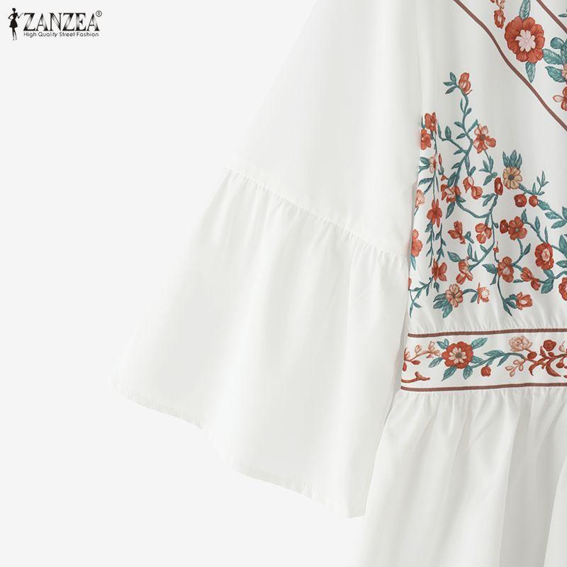 ZANZEA Damska bluzka z okrągłym dekoltem, luźna, z rękawami 3/4, z falbanami i kwiatowym nadrukiem