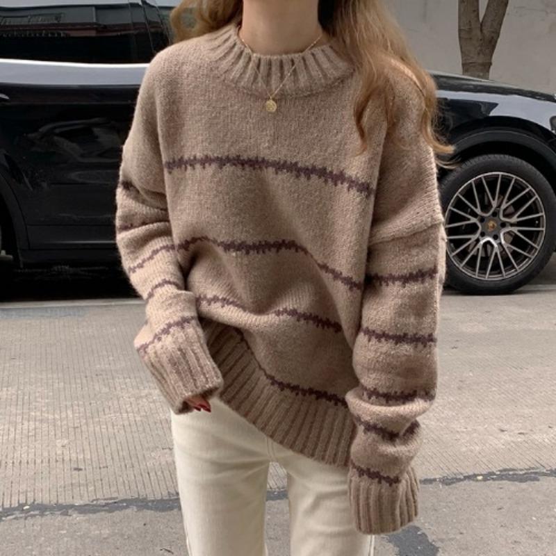 Retro Round Neck Loose Autumn Pullovers Sweaters Women Fashion Long Sleeve Striped Knitted Sweater Ladies Elegant Slim Jumpers Winter Clothing 25534