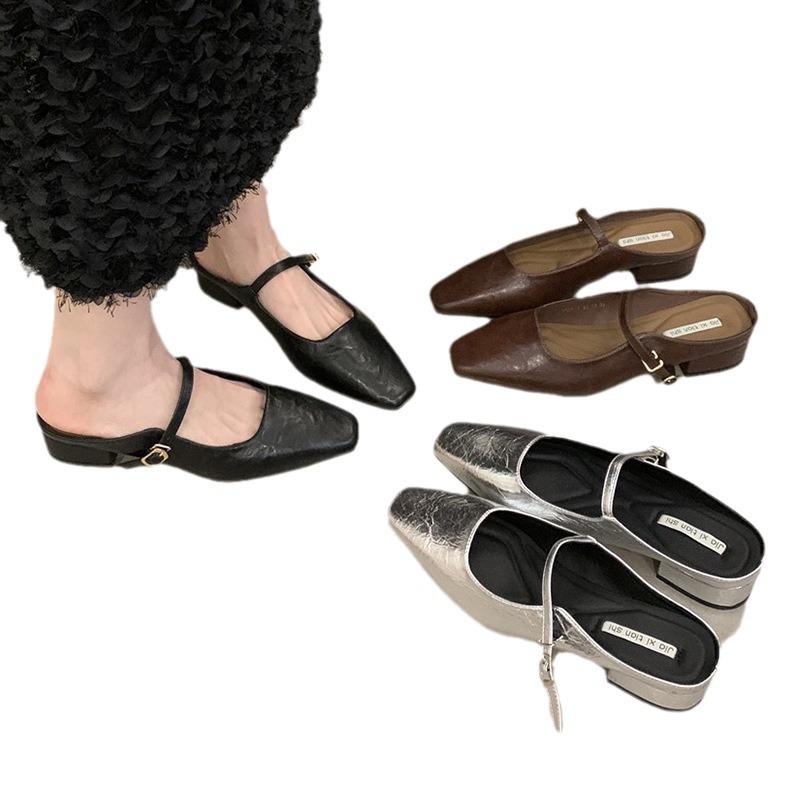 Baotou half slippers women's summer outer wear spring and autumn new Korean version French evening breeze temperament silver single shoes thick heel d