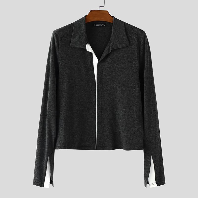 INCERUN Men Lapel Neck Long Sleeve Stitching Slightly Casual Fitted Cropped Tops Undershirts
