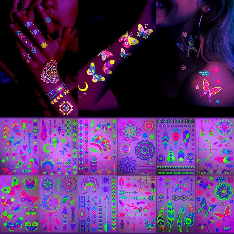 12PCS NeonGlwo Temporary Tattoo - Luminous Body Art Sticker with Neon Green, Pink, Blue, Purple, Yellow, Orange, Red - Waterproof