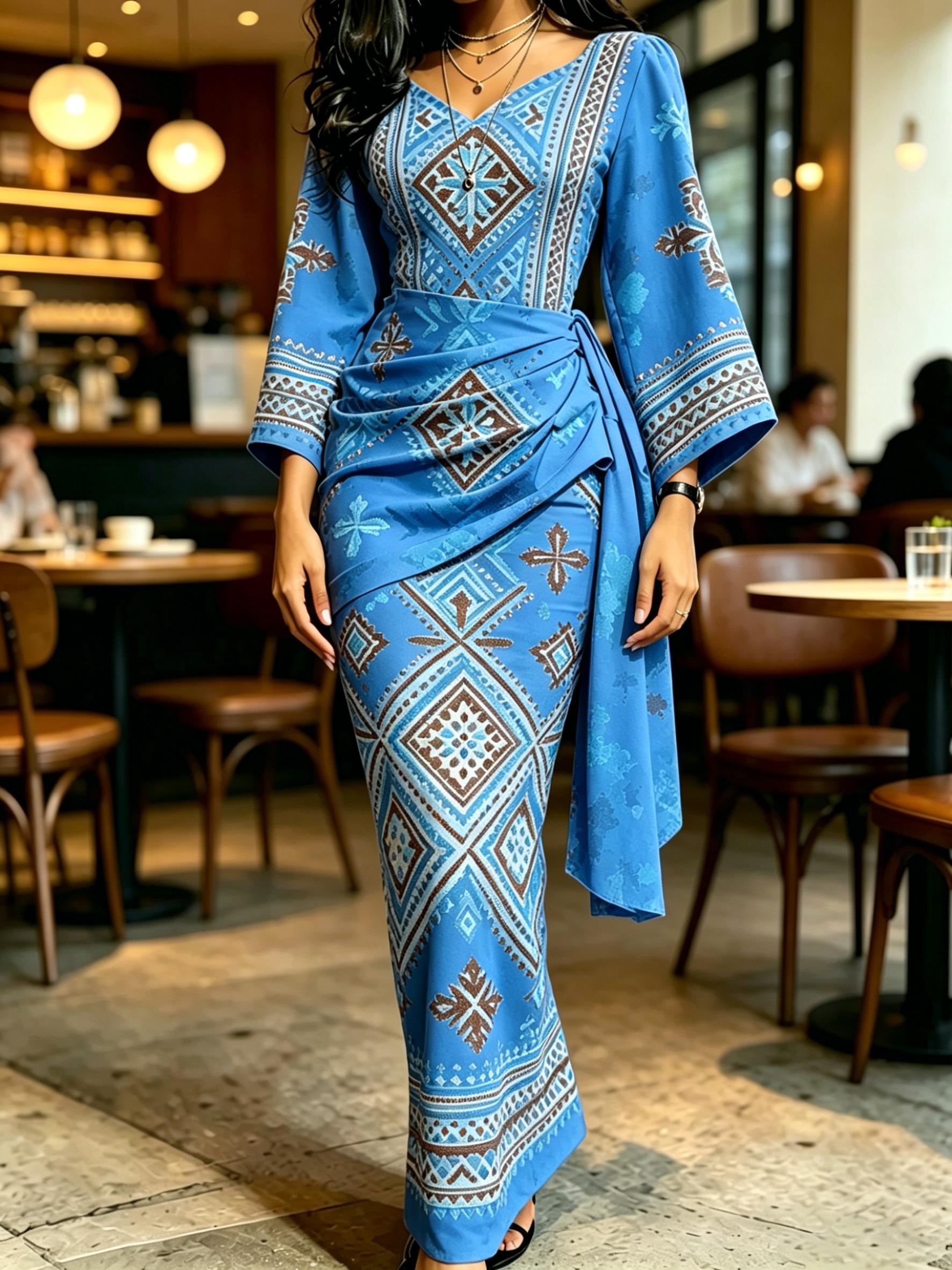 Women s Blue Ethnic Geometric Print Maxi Dress V Neck Wrap Waist Flare Sleeve Party Gown XS