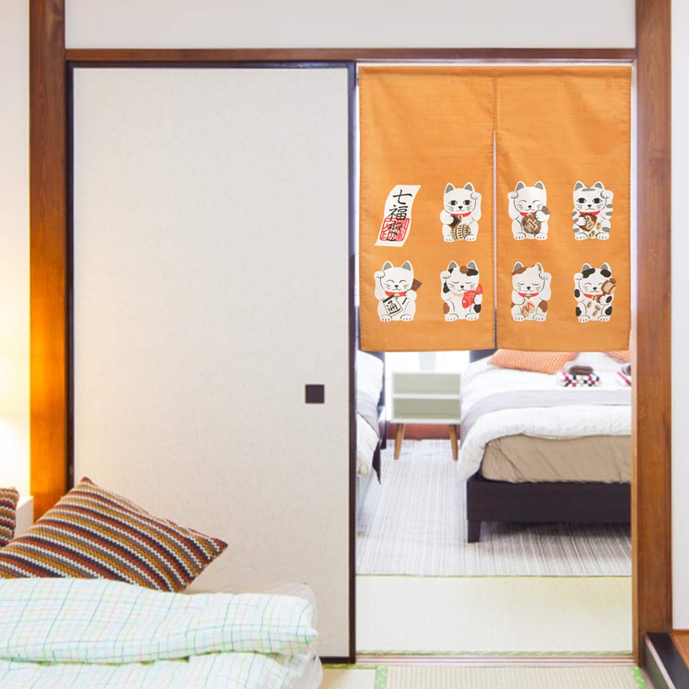 Noren Kobo Japonský vzor Kočka 85 cm Široký x 90 cm Maneki Neko Krátký 3013 Závěs, Dlouhý, (Šťastná kočka), Délka, Žlutá,