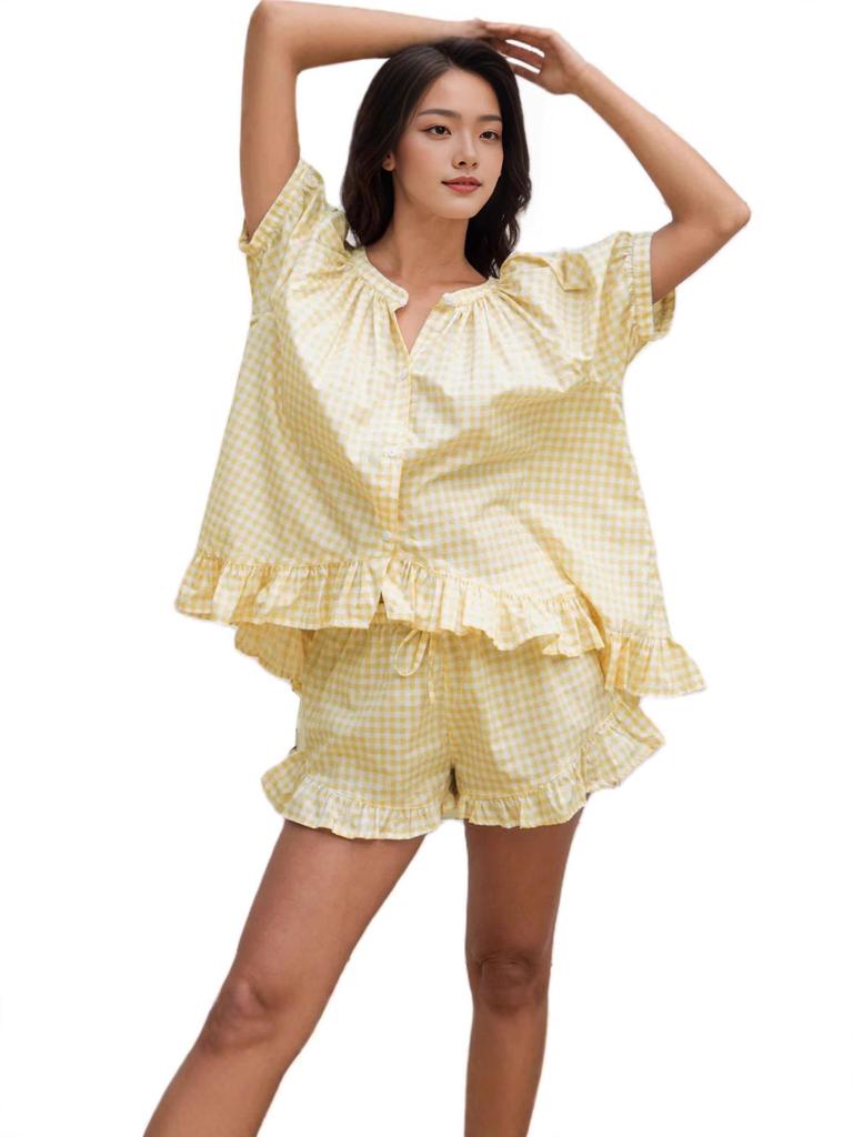 Haut à Manches Courtes à Volants Boutonnés Européen et Américain + Ensemble de Pyjama Pantalon à Carreaux