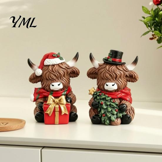 Cute Cattle Desk Ornaments Christmas Highland Cow Figurine, Resin Holiday Statue with Santa Hat & Holly Theme Decor Gift Box, Sitting Calf Desktop