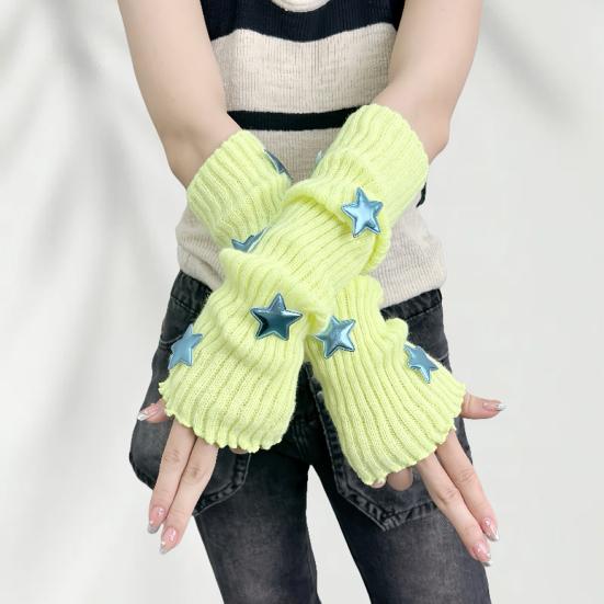 Knitted Arm Warmers Girls Fingerless Long Wrist Gloves Winter Star Arm Sleeves with Thumb Hole for Women Street Wear Parties