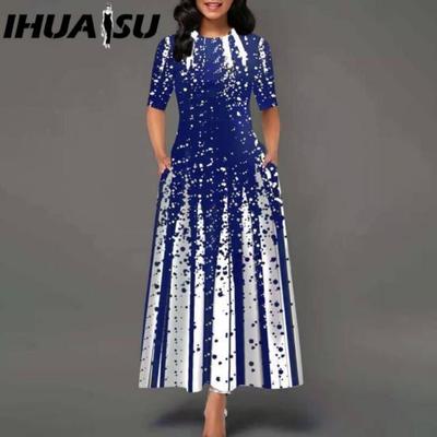 Casual Women Mid Waist Round Neck Pullover Dress Big Hem Print Dress Short Sleeve Ankle Length Dress Women Dresses