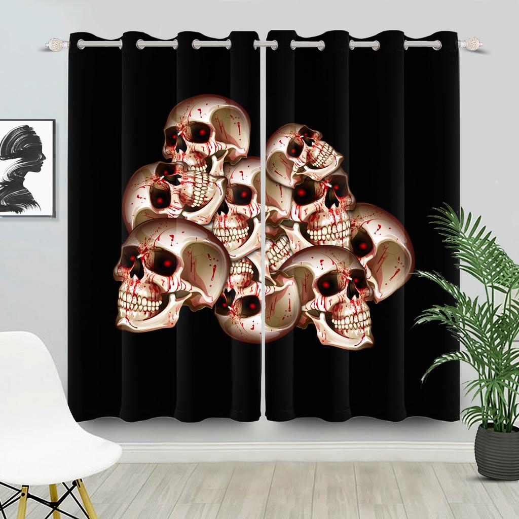 Set Of 2 Halloween Skull Theme Curtains Thermal Insulation Home Interior Horror Bedroom Window Curtain Light Blocking For Made Polyester