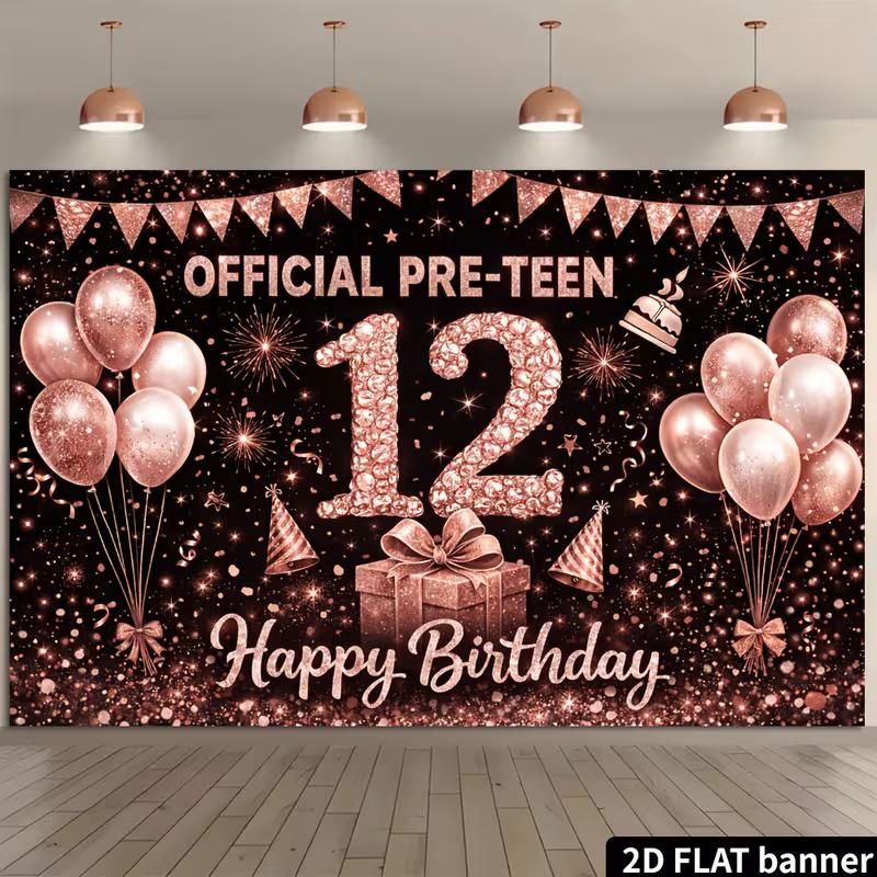 2D Rose Gold 12th Happy Birthday Backdrop Banner Official Pre-Teen Photography Background
