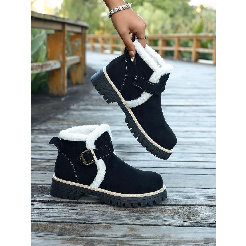 Fleece platform British style plus size cotton shoes women's 2025 winter new warm round toe buckle hairy booties