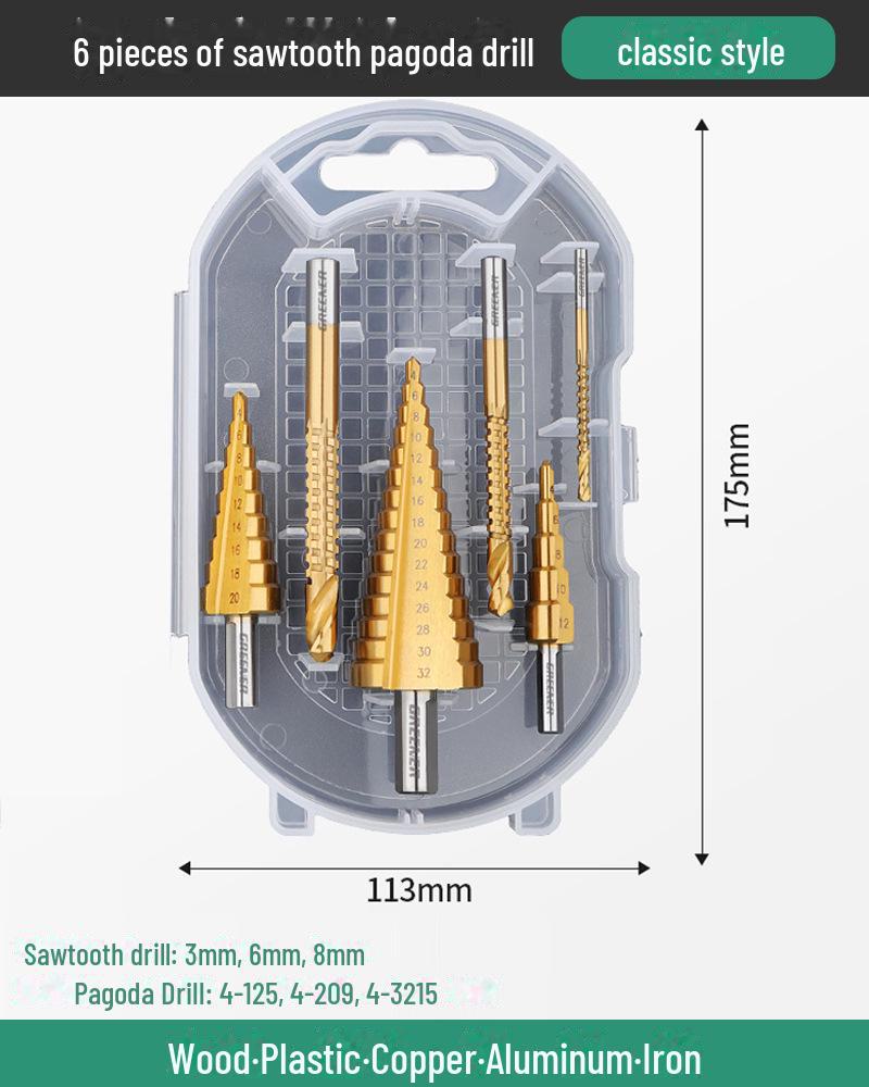 Green Forest Sawtooth Pagoda Drill Bit Set for Wood & Metal