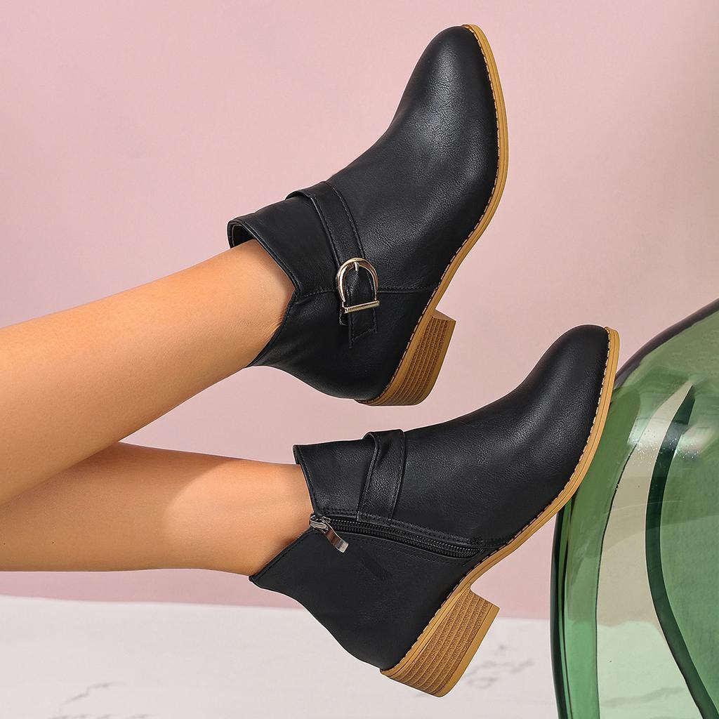 Vintage British Martin Boots Women's 2025 Fall/Winter New Pointed Toe Belt Buckle Mid-heel Side Zipper Booties