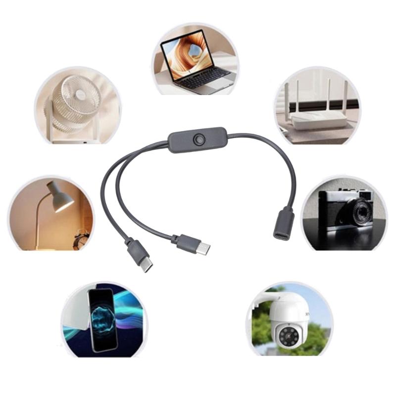 Type C Female to USB C & Micros USB Male Charging Cable with On/Off Switches Charge 2 Devices Simultaneously