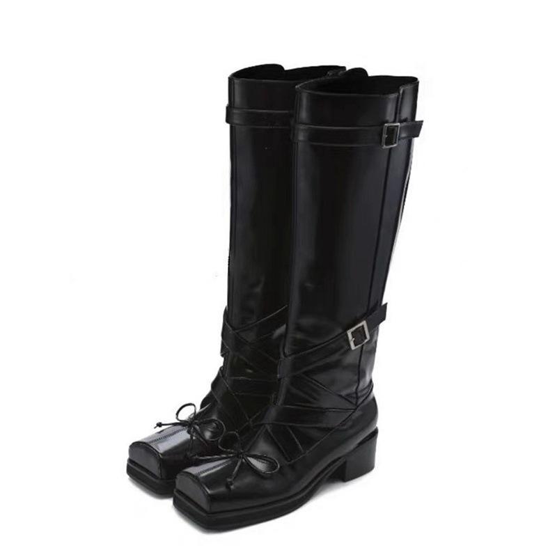 Cowhide version~ New ballet square head boots women's thick heel brown high knight boots but knee fashion boots