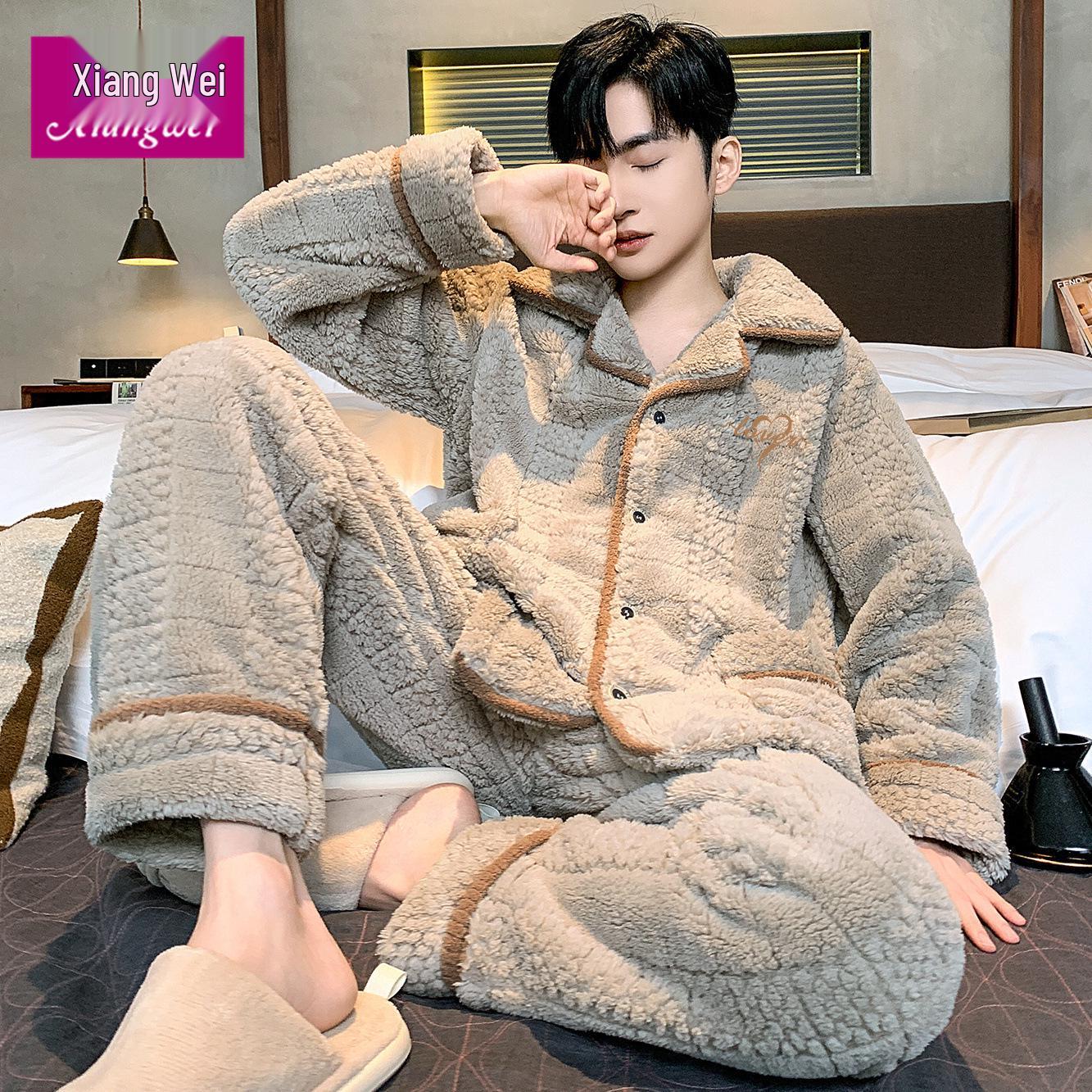 

Мужской домашний пижамный комплект большого размера из кораллового флиса - Утепленный велюровой подкладкой, Фланелевый, для осени/зимы, для ношения дома/на улице L (100-130 lbs)