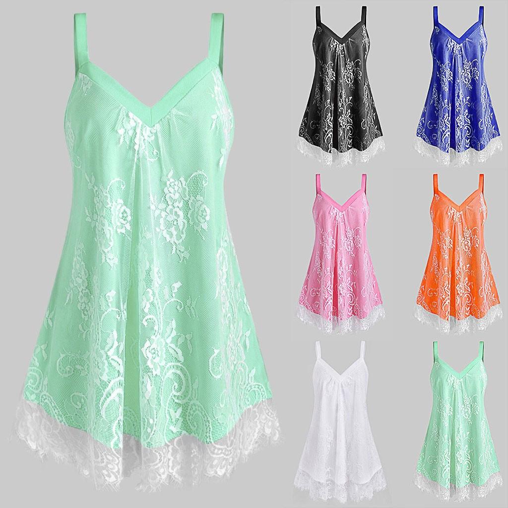 

Плюс размер женщин V-образным вырезом без рукавов сетка с цветочным кружевом наложение майка блузка