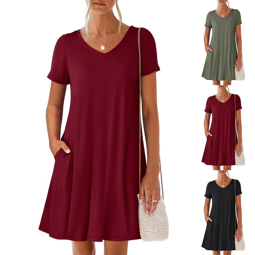 Damen V-Ausschnitt Kleid mit Bindetasche und kurzen Ärmeln