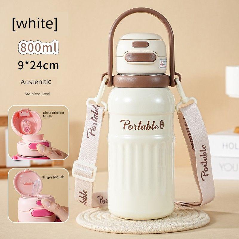 

Large-Capacity Thermos Cup, Cute and Simple, High-Looking Straw Cup for Girls, 316 Stainless Steel Cross-Body Travel Cup White 800ml