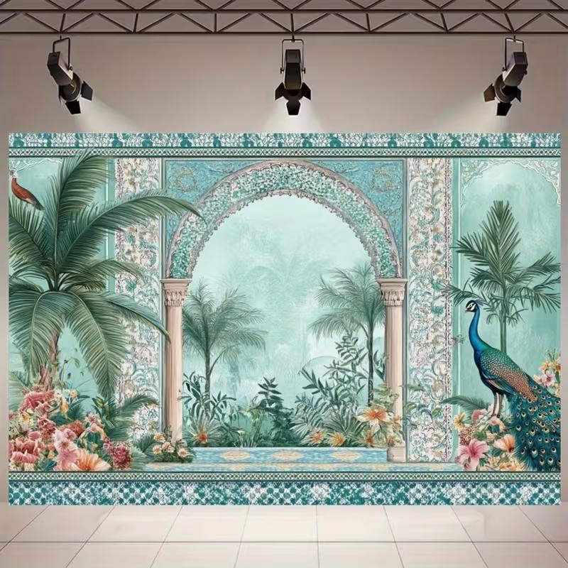 

2D Exotic Oriental Backdrop, Peacock with Palm Trees and Ornate Arch for Photoshoot 47.2x31.5inch/120*80cm