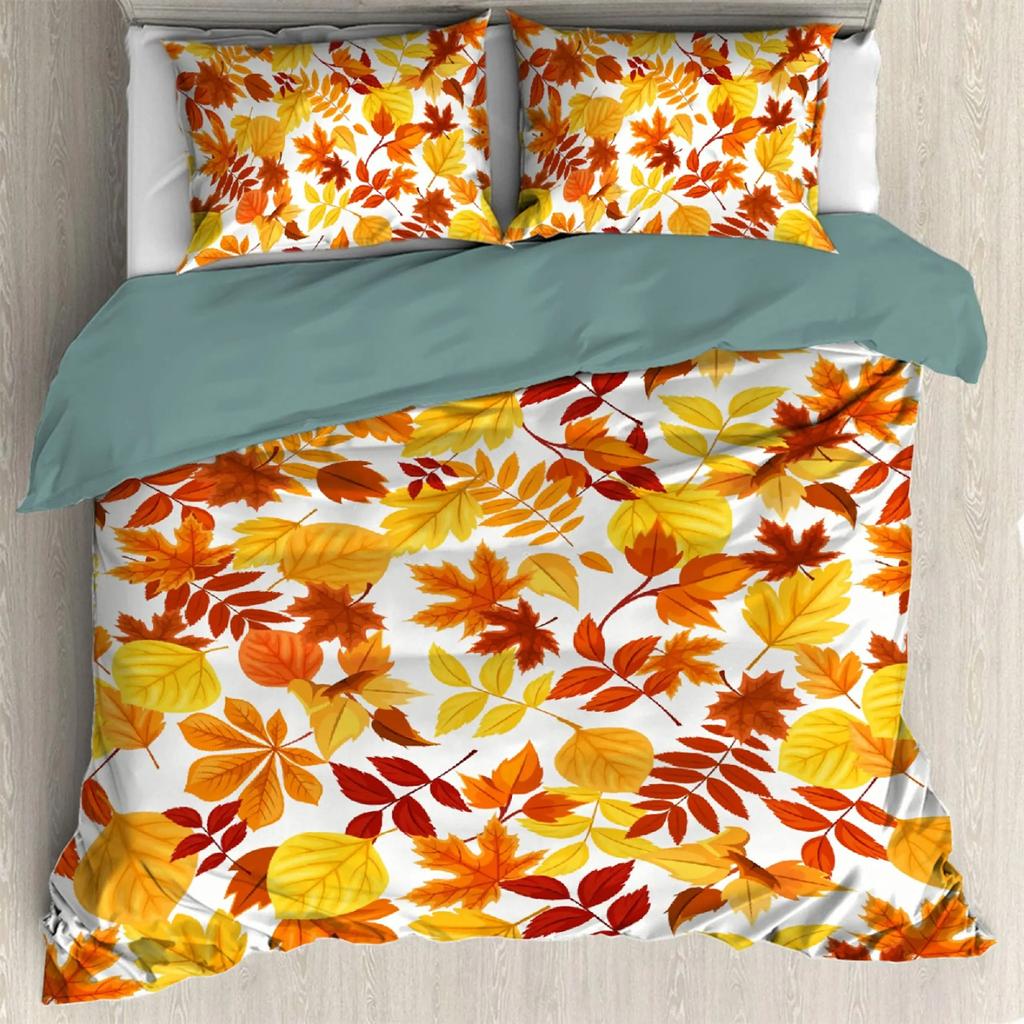 Thanksgiving Fall Pumpkin Maple Leaves Duvet Cover with 2 Pillow Shams 3pcs Comforter Cover Bedding Set All-Season Room Decor