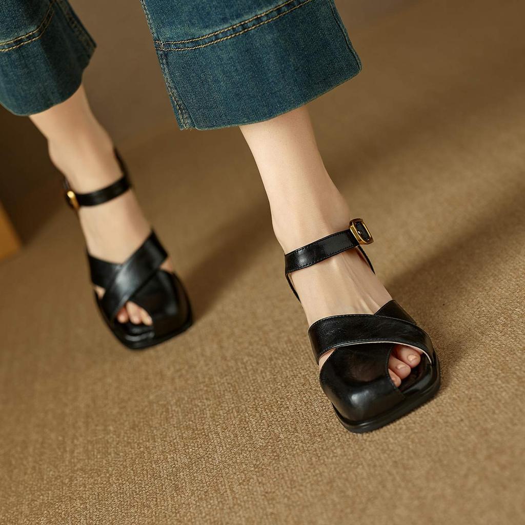 Krazing Pot Cow Skin Hollow Decoration Thick Heels Peep Toe Party Summer Size 41 Gladiator Superstar Women Sandals