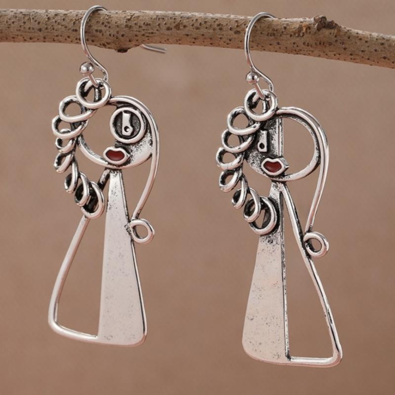 Vintage Unique Silver Color Metal Geometry Carving Small Person Dangle Earrings for Women Jewlry