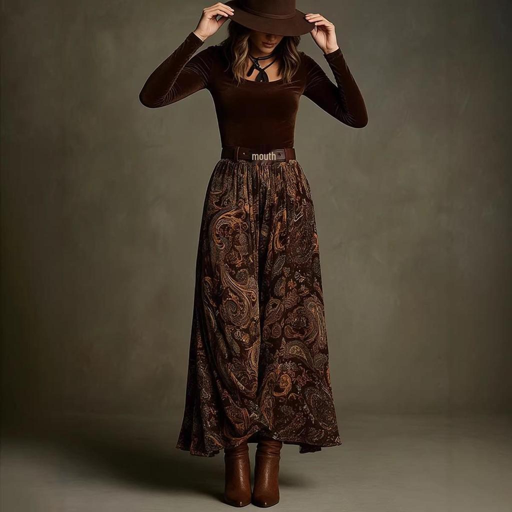 2026 Spring/Autumn Retro Slim-fit Top & Large-Hem Skirt Set with Belt