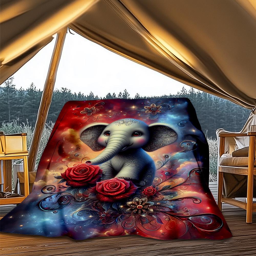 1pc Elephant Roses Fantasy Outdoor Flannel Blanket , Machine Washable Perfect Gift for Birthday , Holiday Travel Accessory , Durable Material