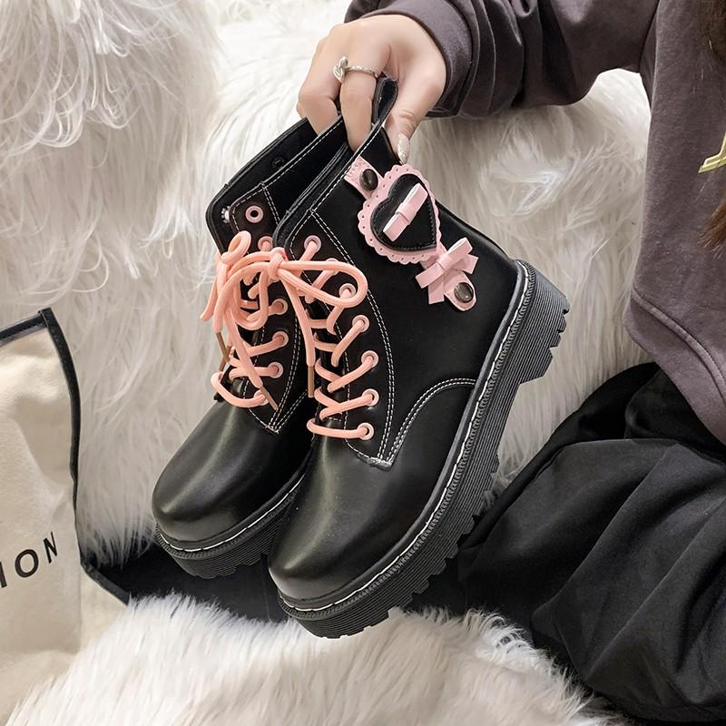 Hart Enkellaarzen Dameslaarzen Gotische Platte Dames Schoenen Platform Veterschoenen Leren Enkellaarsjes Dames Schoenen D453 Roze Liefdevol