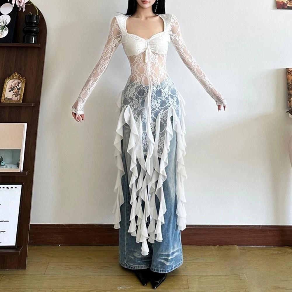 Long Sleeve Lace Flower Dress Ruffled Edge Transparent Dress Women Pleated Lace Dress  Party