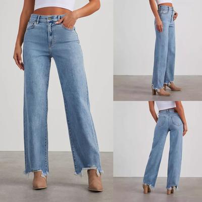 Women's Casual Fashion Loose Wide-leg Side Seam Stitching Frayed Hem Jeans