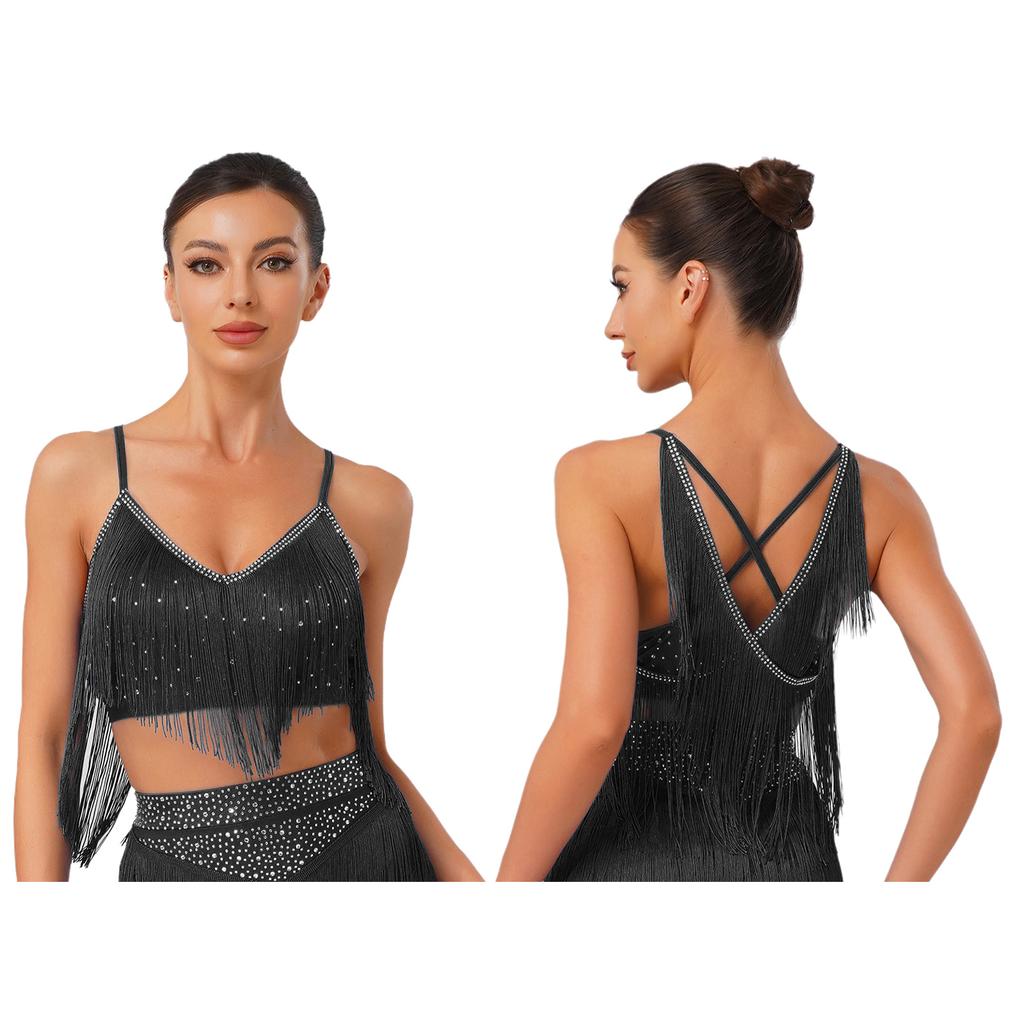 S-XXL Salsa Dance Top V Neck Sleeveless Open Back Fringe Detail for Latin Performance Competition Costume