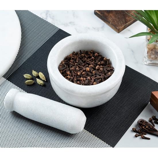 Crocon White Marble Mortar and Pestle Set – 5 Inch Pill Crusher, Herb Grinder for Spices, Silbatta for Chutney, Kitchen Essentials Products