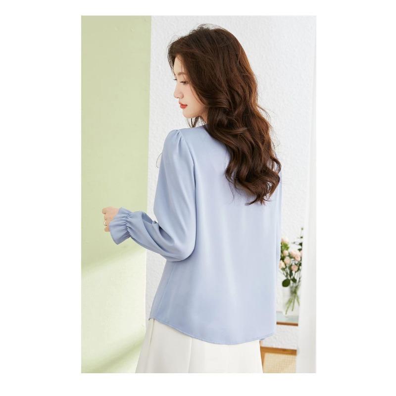 Casual Solid Color Butterfly Bow Sense of Design Blouse Women Long Sleeve O-collar All-match Pleated Chiffon Pullover Shirt