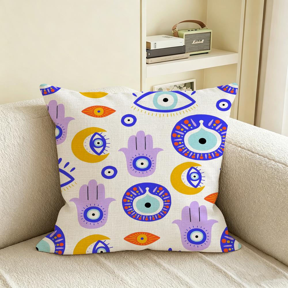 L-Lucky Evil Eye Cushion Cover Natural Linen Pillowcase Set, All-In-One Decor For Sofa, Bedroom & Chair