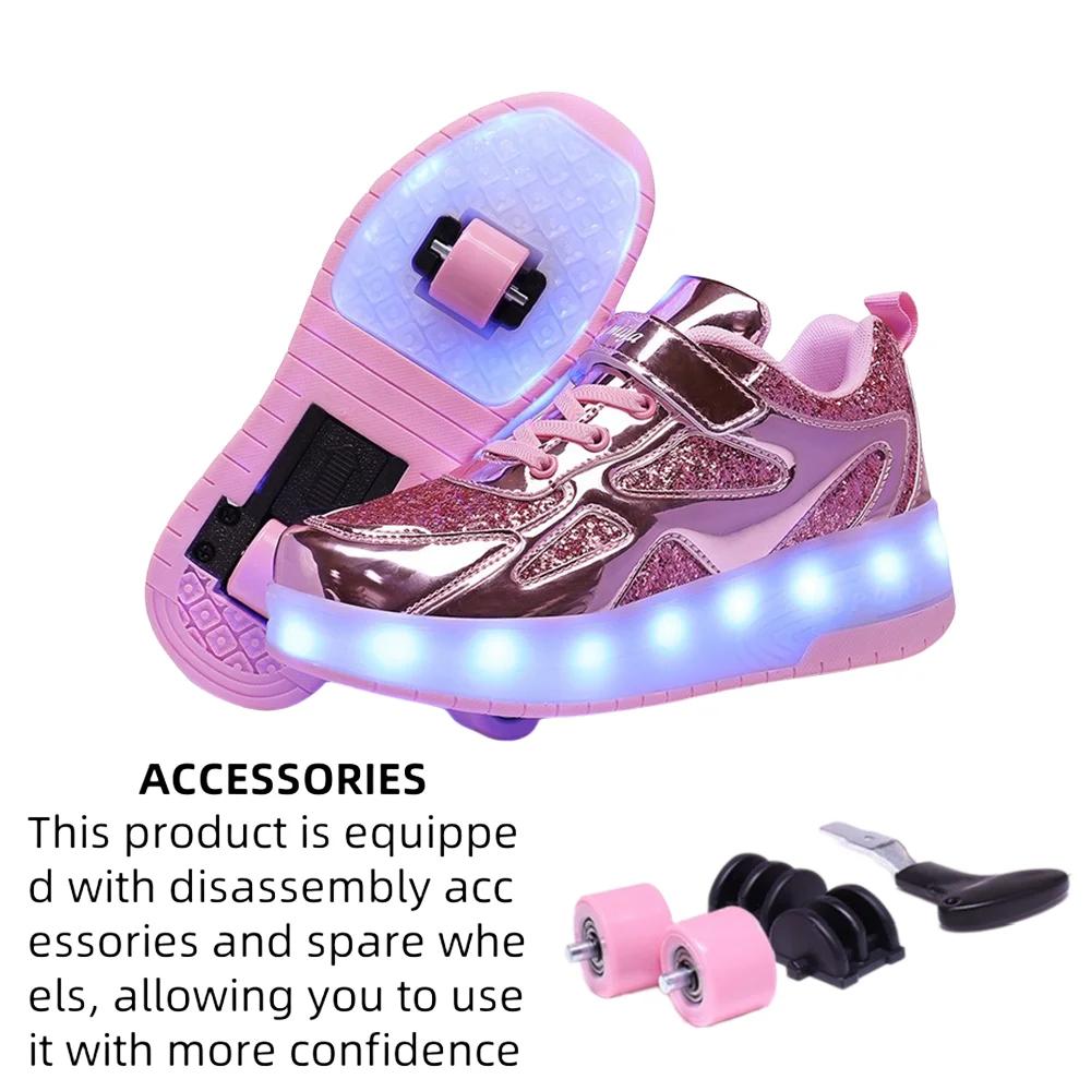 Women 2-wheel Roller Skate Shoes Trend Girls' Shoes With LED Retractable Child Dual-Purpose Casual Sneakers With Wheels